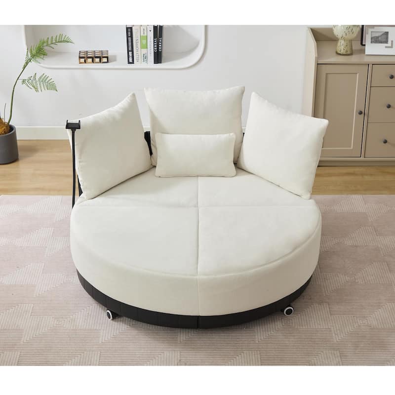 360° Swivel Barrel Chair Round Sofa Chair with Casters and Adjustable Phone Stand, Upholstered in Anti-Wrinkle Polyester Fabric - Beige