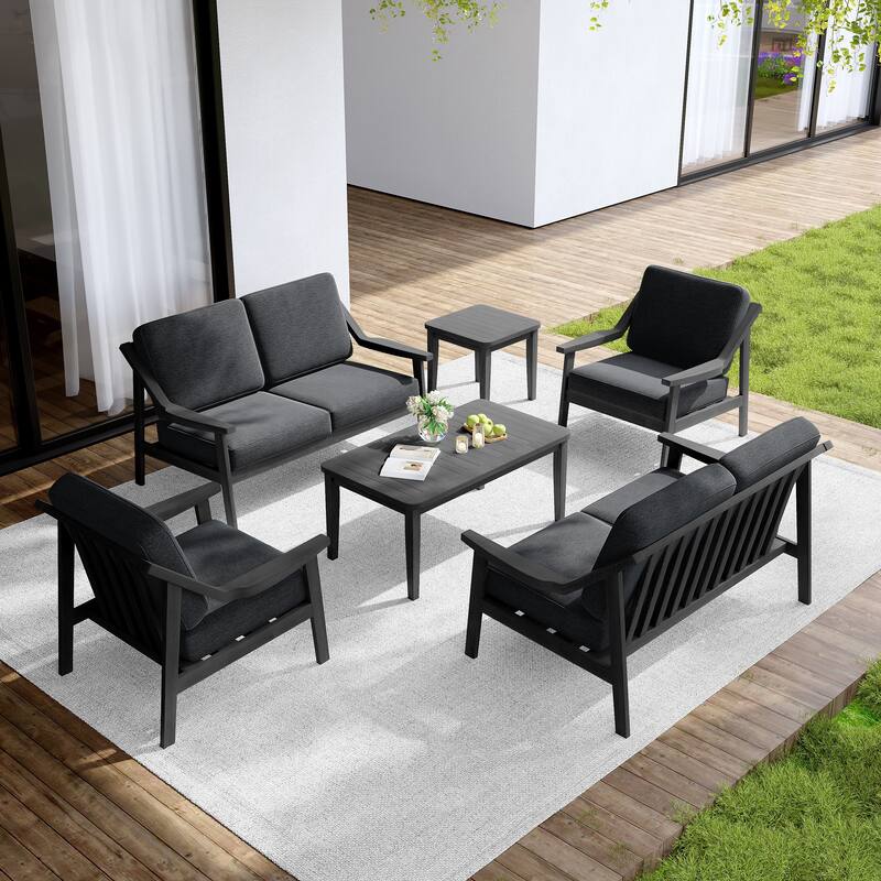 Outdoor Conversation 6 Seater Patio Chat Set with Cushions and Table - Dark Wood - Dark Grey