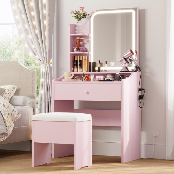 Small Makeup Vanity Desk with Mirror and Lights Vanity Table Set with Storage Drawer Chair 3 Shelves Bedroom Bed Bath Beyond 41073605