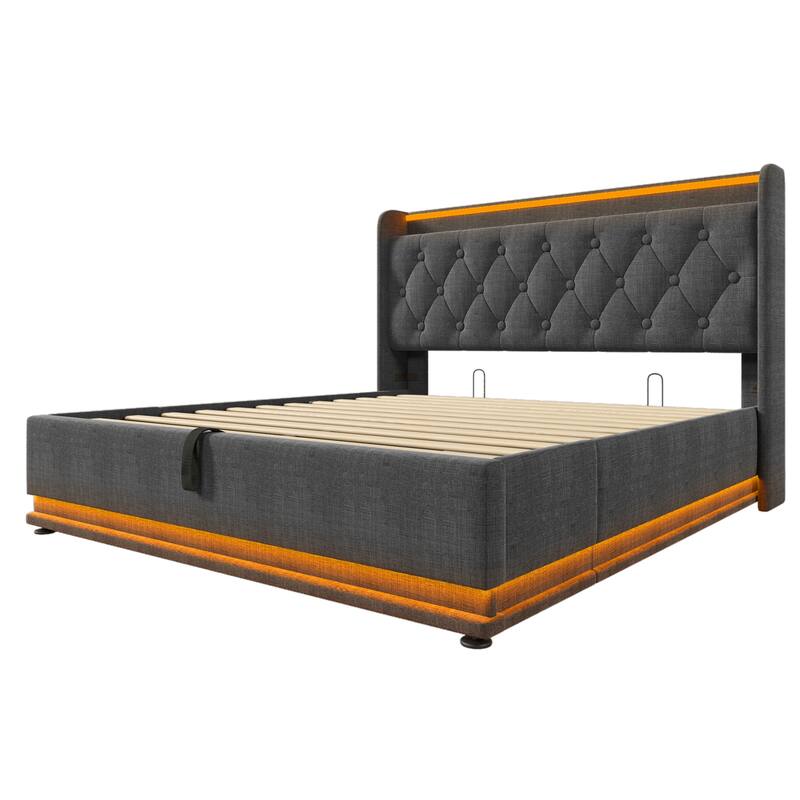 Queen Size Platform Bed Underbed Storage Bed with Wingback Tufted Headboard, USB and 360 Surround LED Strip, Linen Upholstered