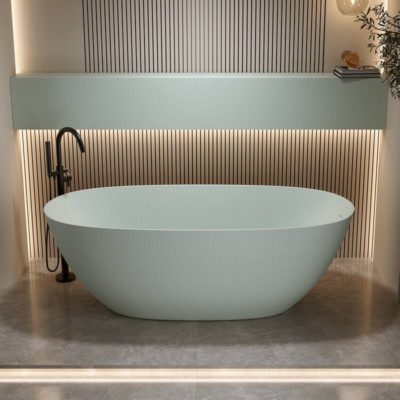 Luxury Solid Surface Freestanding Soaking Bathtub with Center Drain and Pop-up Drain, Modern Beige Tub with Overflow - 57.00 in. x 30.70 in. x 21.30 - Turquoise Green