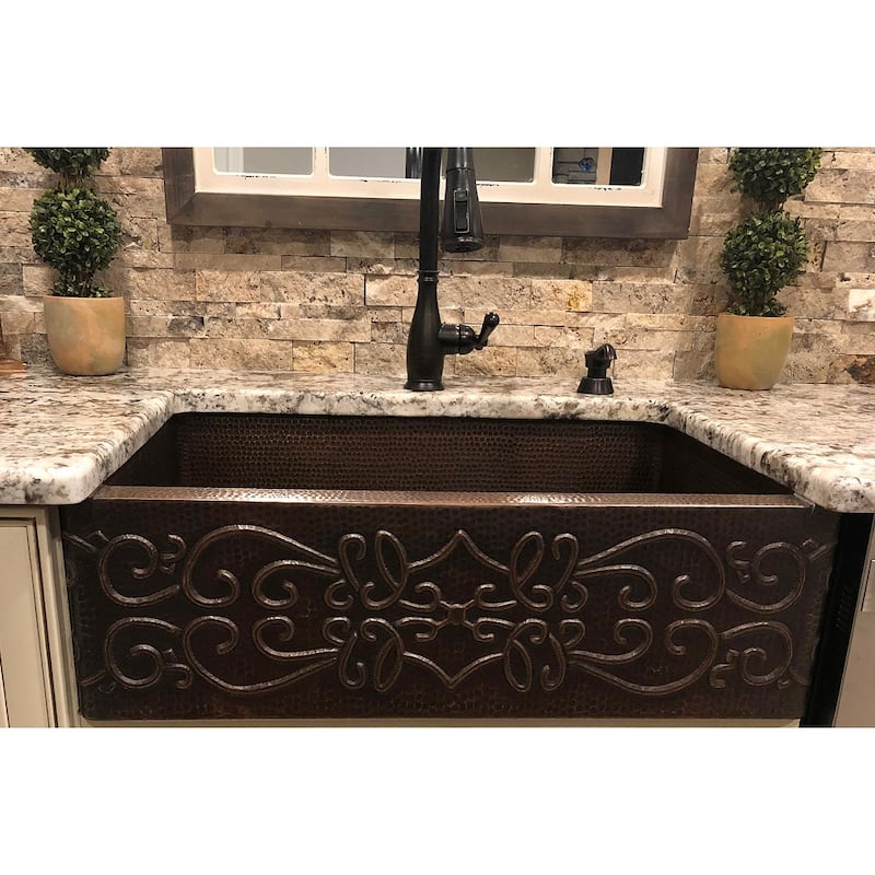 30-in Hammered Copper Apron Front Single Basin Kitchen Sink with Scroll Design (KASDB30229S)