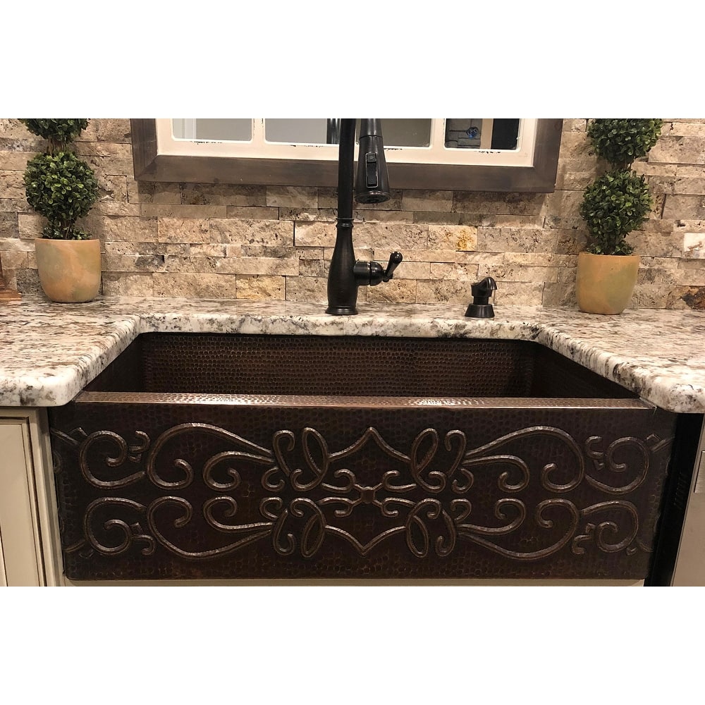 30-in Hammered Copper Apron Front Single Basin Kitchen Sink with Scroll Design (KASDB30229S)