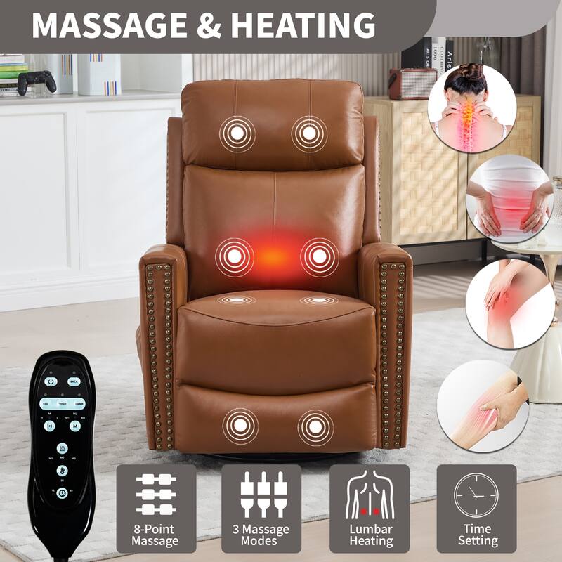 One Piece Genuine Leather Recliner Chair with Massage Heat Rocker and Swivel