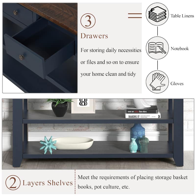 48 Inch Solid Pine Wood Console Table with 3 Drawers & 2 Shelves, Vintage Entryway Sofa Table for Hallway & Living Room