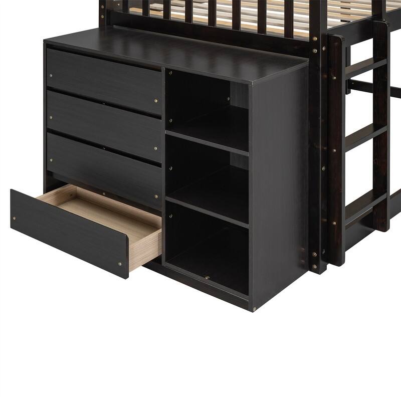 Twin Over Twin/Full Over Full Floor Bunk Bed with Drawers and 3 Storage Shelves, Solid Wood Low Bunk Bed Frame with Ladder