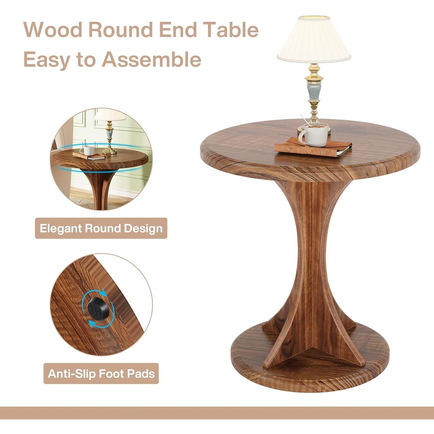 Wood Round End Table, Sofa Side Table for Living Room, Bedside Nightstand for Bedroom
