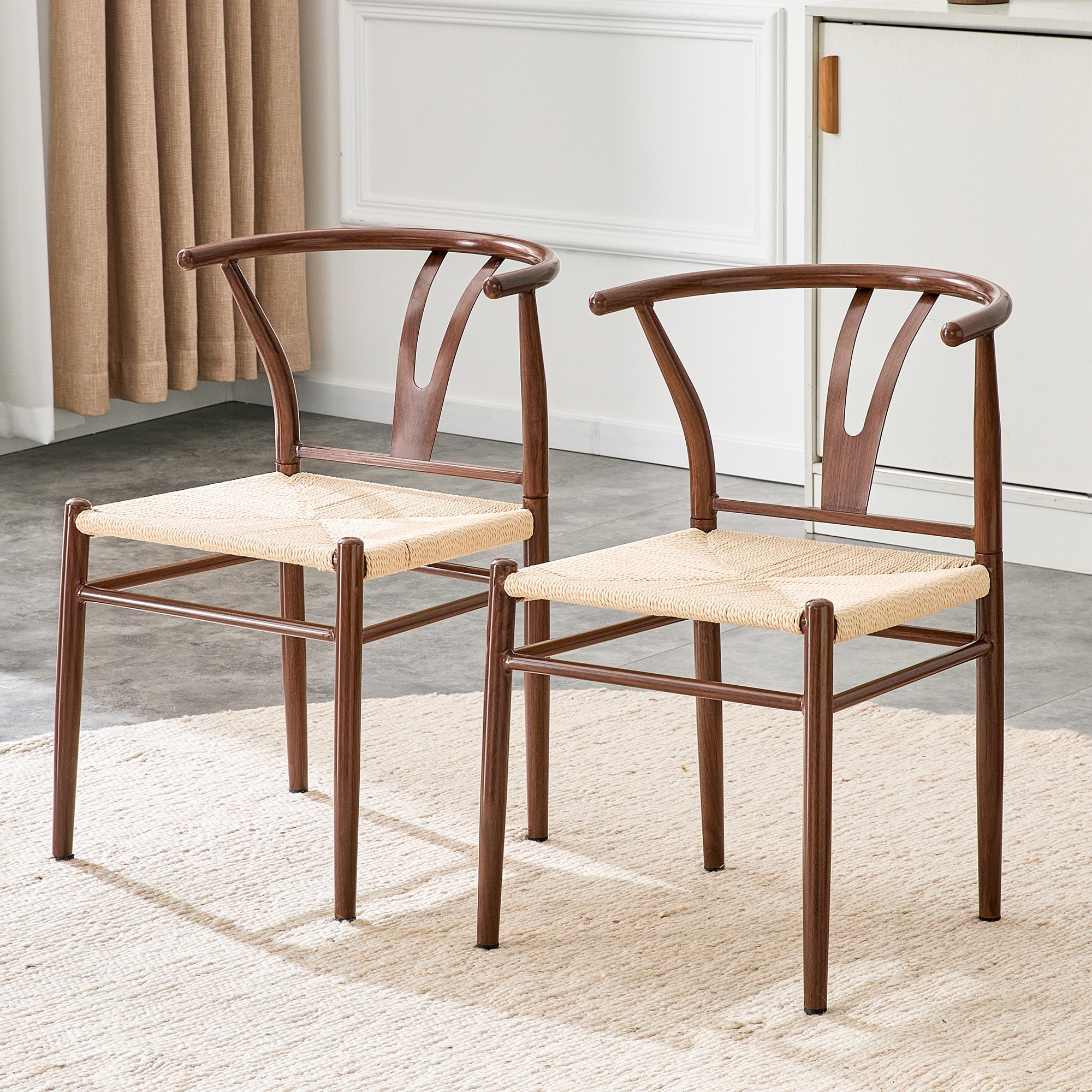 Dining Chair-Y-shaped Medieval Style Armchair for Dining Table, Woven Seat (Brown Ironwork + Natural Rope Pattern, Set of 2)