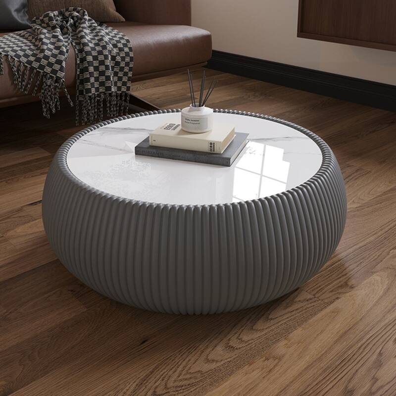 27.55" Modern Drum-shaped Marble Top Coffee Table with Microfiber Leather