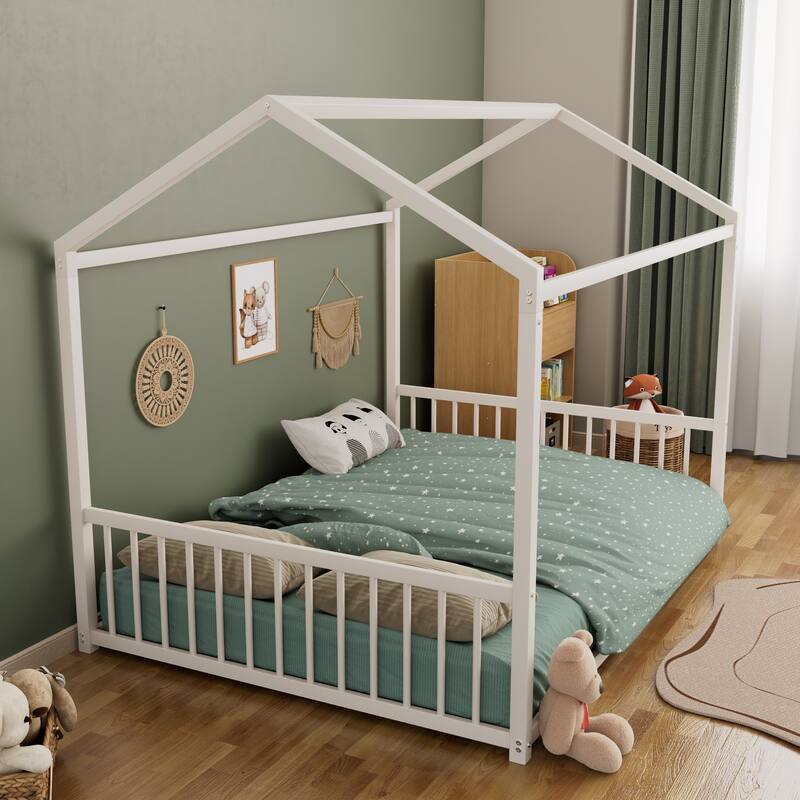 Montessori Metal House Bed with End Guardrails by Harper&Bright Designs