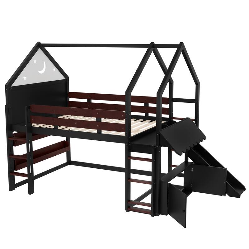 Roomfitters House Loft Bed with Slide and Bookshelf, Star Moon Roof Design