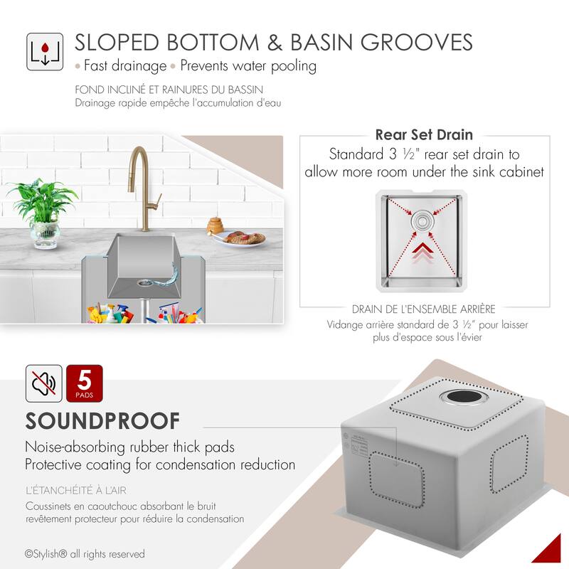 Stylish Undermount 16" Single-Bowl Stainless Steel Bar Sink S-309XG - 16" x 18" x 10"