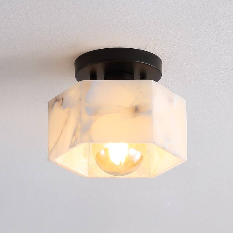 Celine 8" 1-Light Modern Contemporary Alabaster/Iron Hexagonal LED Semi Flush Mount, White Marbling/Brass Gold by JONATHAN Y