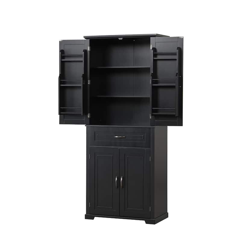 Tall Bathroom Storage Cabinet, Freestanding Organizer Cabine, Wooden Pantry with Adjustable Shelf, 4 Doors and Drawer