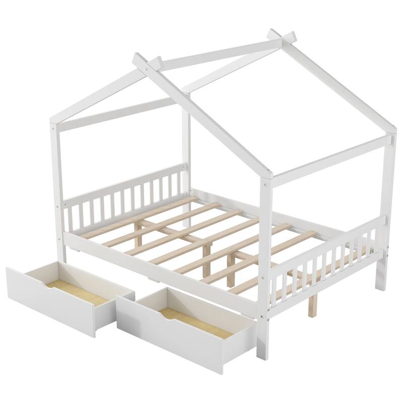 Full Size House Platform Bed with Drawers, Headboard, Footboard, and Roof Design in White