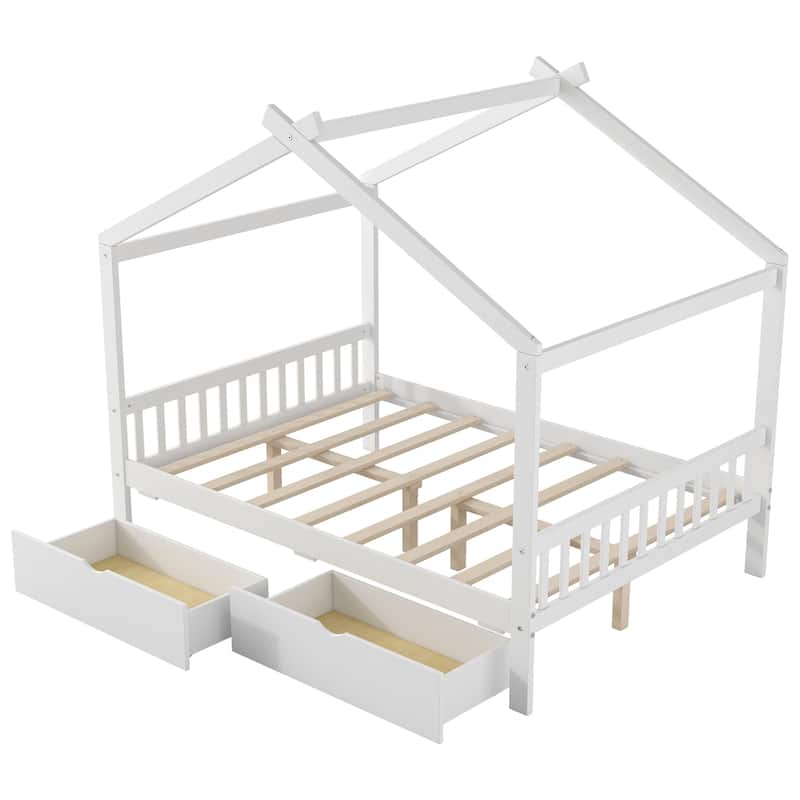 Full Size Platform Bed w/Drawers, Headboard, Footboard, Roof Design