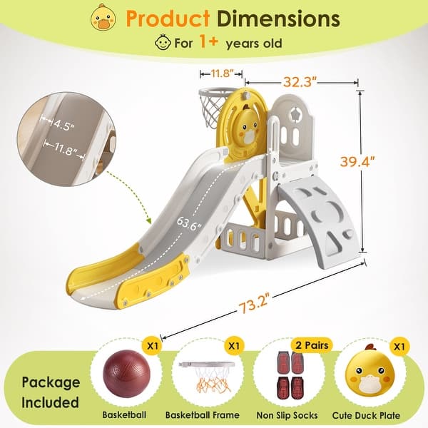 5 in 1 Toddler Slide, Slide for Toddlers Age 1-3, Indoor Outdoor Backyard Playground Cute Duck Theme Baby Slide Toy Yellow