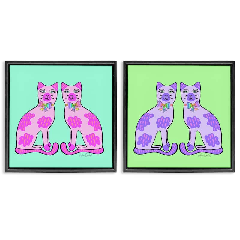 Stupell Bright Purple Cat Pairs Framed Floater Canvas Wall Art Design By Katie Conley (Set of 2) - 25 x 25 - Black