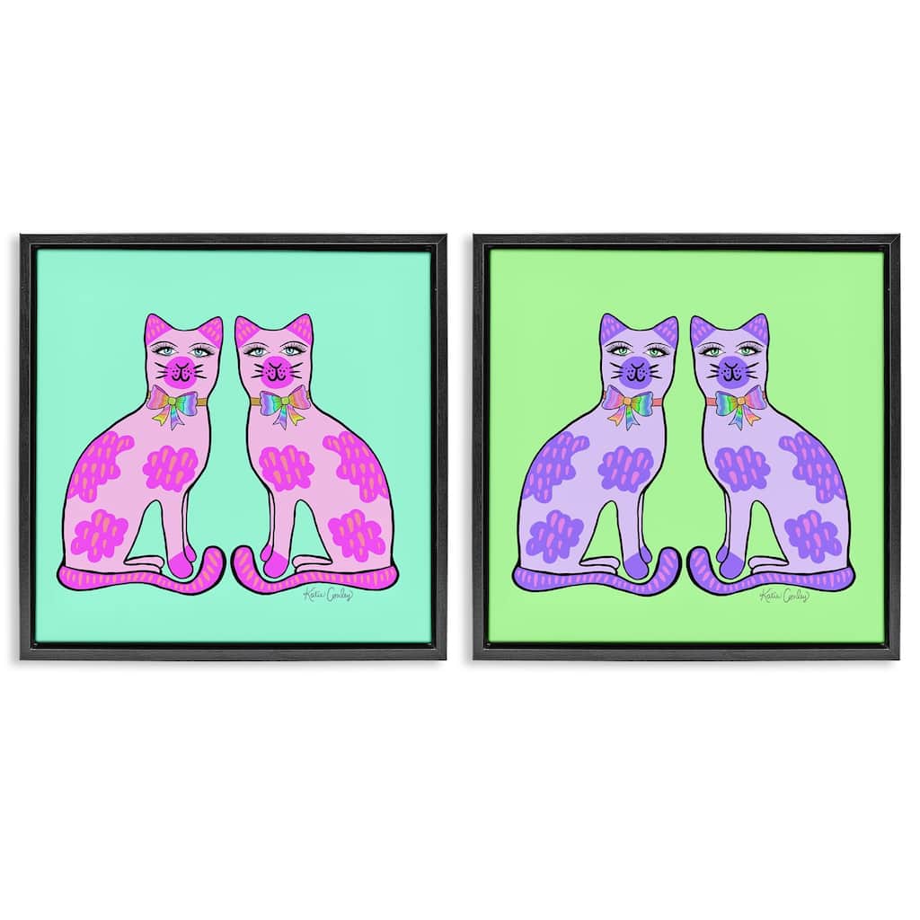 Stupell Bright Purple Cat Pairs Framed Floater Canvas Wall Art Design By Katie Conley (Set of 2)