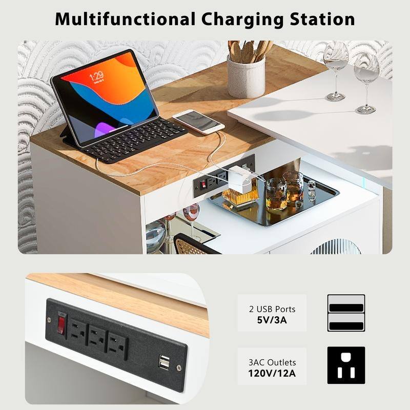 Rolling Kitchen Island With Extension Table, Power Outlet