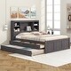 preview thumbnail 3 of 28, Full Size Platform Bed with Trundle and Storage Headboard, Kids Bed Frame with Charging Station and 3-Drawers, Antique Brown