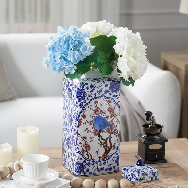 Blue & White Accent Decorative Ginger Jar Ceramic Vase