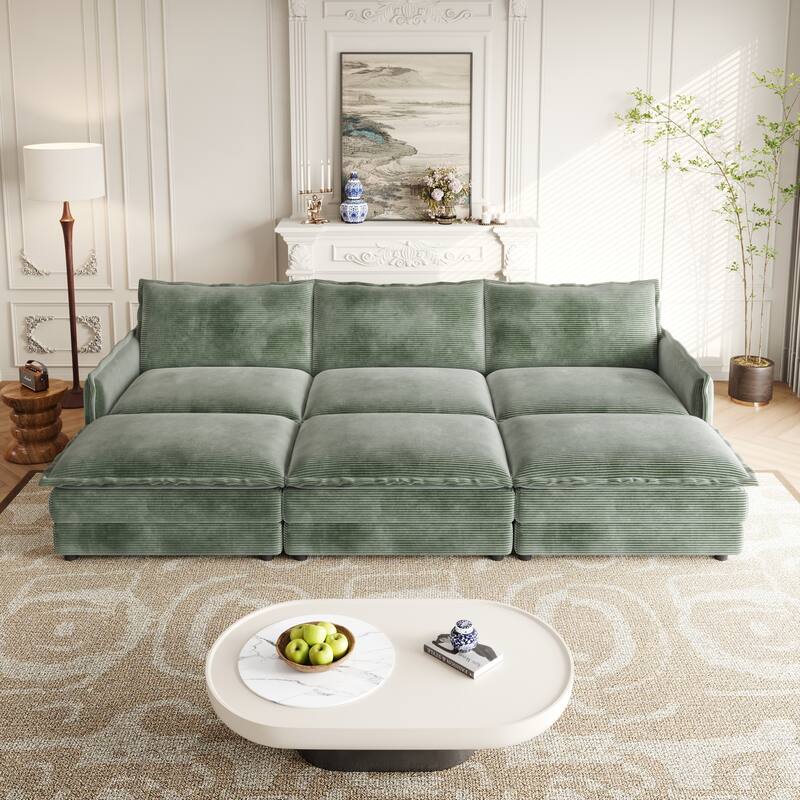 109" Corduroy 3-Seater Cloud Sectional Sofa with 3 Ottomans
