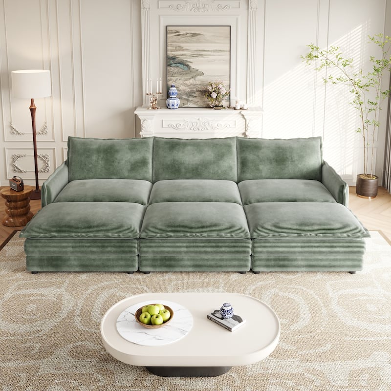 Convertible Sleeper Sofa Bed 109" Oversized Modular Sectional Sofa Deep Seat Corduroy Cloud Couch with 3 Ottomans