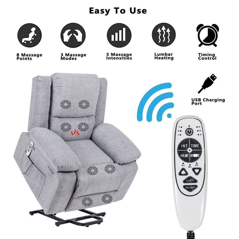 Light Grey Velvet Power Lift Recliner Chair with 8 Massage Points, Lumbar Heating, Storage Pocket