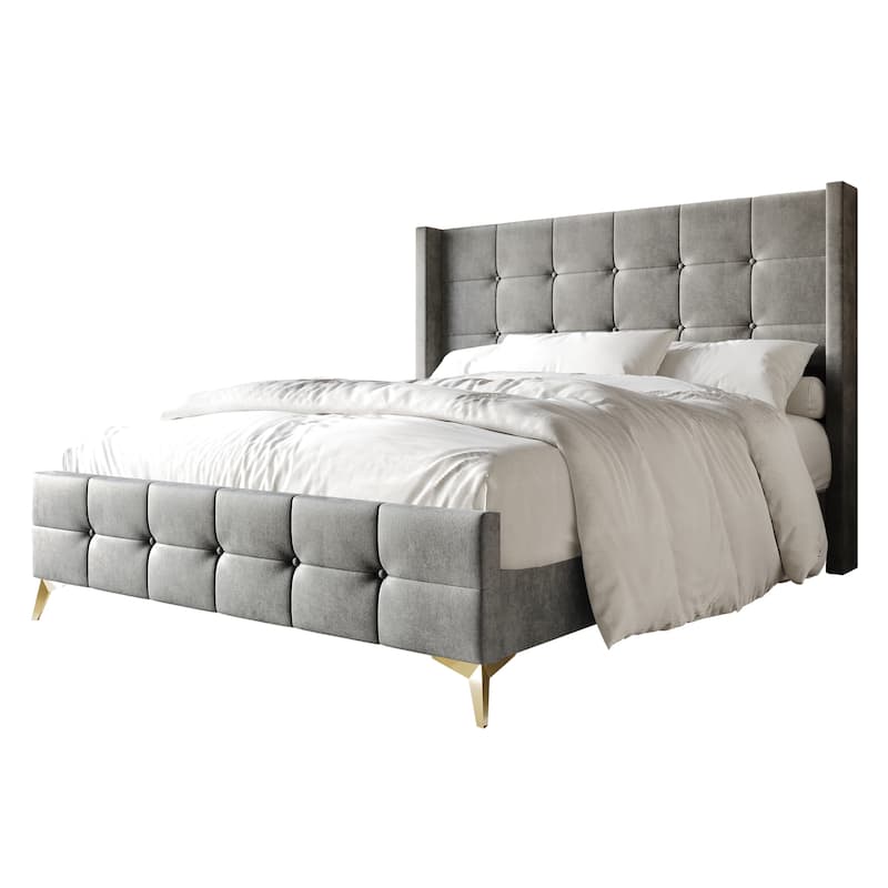 CraftPorch Luxurious Square Button-Tufted Wingback Velvet Upholstered Bed - Silver Grey - Twin