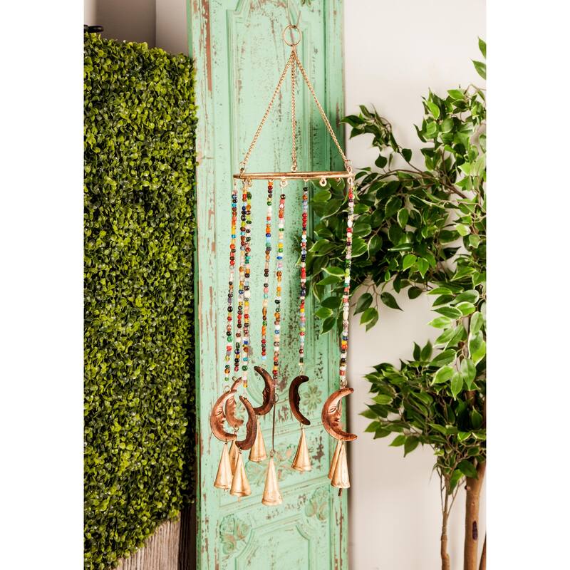 Metal Moon Windchime with Glass Beads and Cone Bells - Gold - Roche River Decor