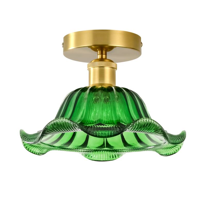 1-Light Retro Flower-Shaped Mertal Semi-Flush Mount Ceiling Light with Amber/Green Textured Glass Shade