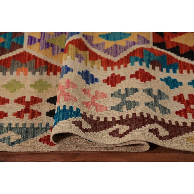 Geometric Kilim Area Rug Hand-Woven Orange Tribal Wool Carpet - 8'10"x 12'0"