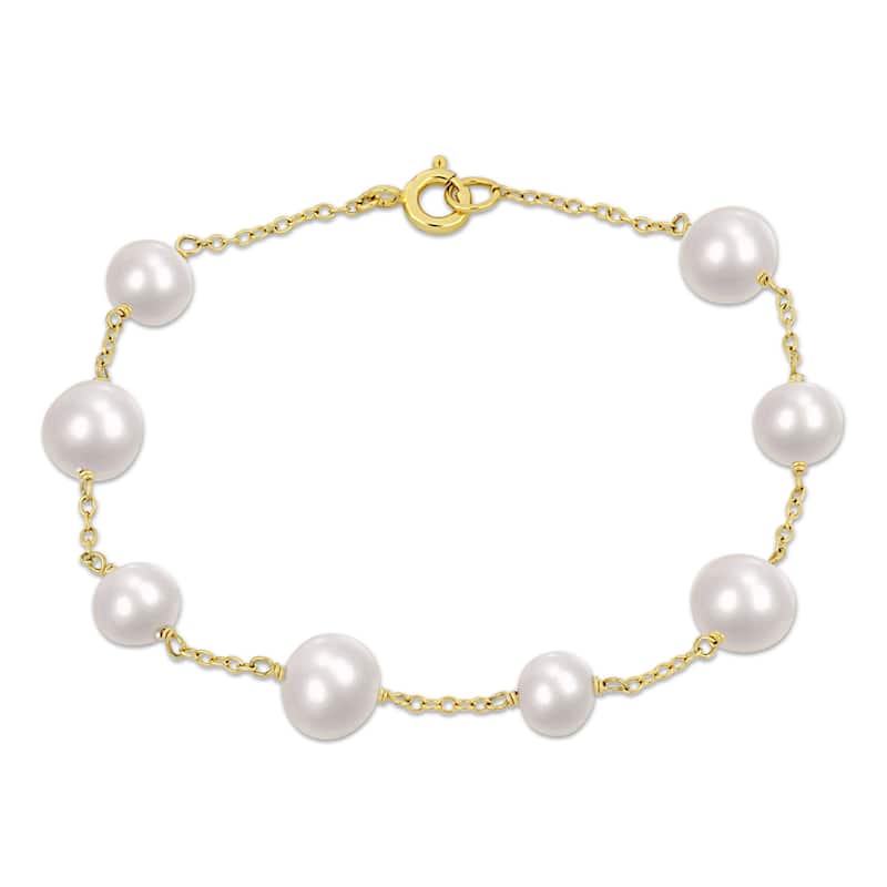 Miadora 6.5-8.5 mm White Freshwater Cultured Pearl Bracelet in Yellow Sterling Silver