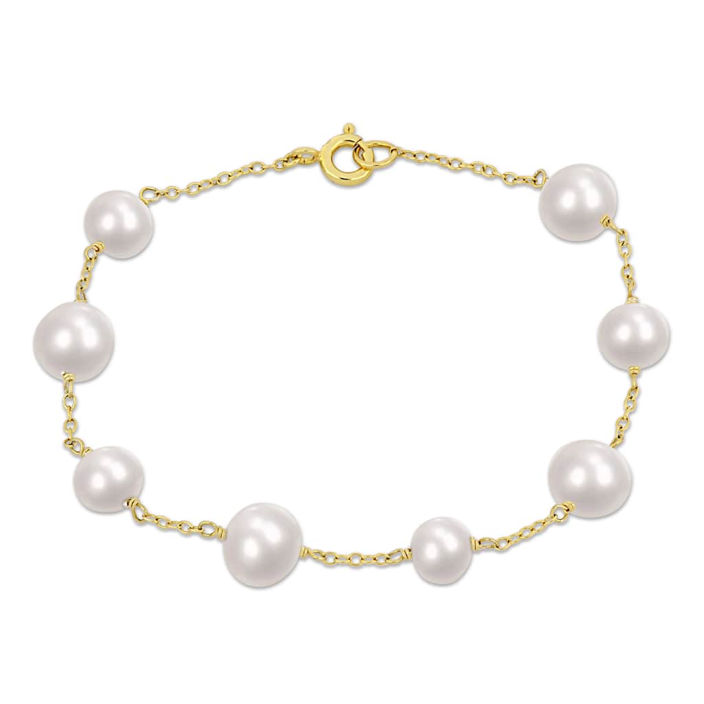 Miadora 6.5-8.5 mm White Freshwater Cultured Pearl Bracelet in Yellow Sterling Silver