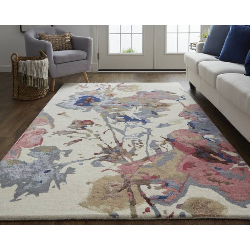 4' X 6' Blue Pink And Gray Wool Floral Tufted Handmade Area Rug 3'6