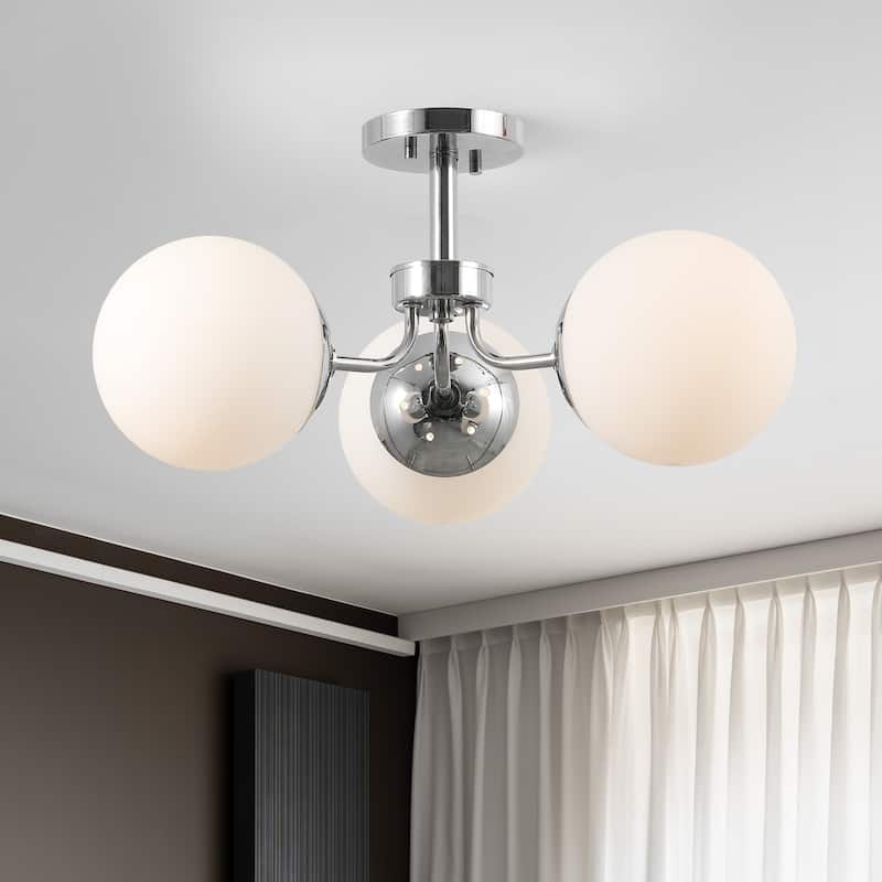 Ojai 23.5" 3-Light Bohemian Farmhouse Iron/Frosted Glass LED Semi Flush Mount, Brass Gold/White by JONATHAN Y