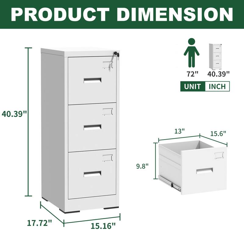Modern Narrow File Cabinet Vertical Filing Cabinet with 3 Drawers, Locks and Card Slots, for Home Office, White