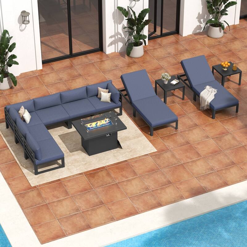 11-Piece Luxury Aluminum Outdoor Furniture Set with Chaise Lounge & Fire Pit Table, 29" Deep Seating Aluminum Patio Sectional - Denim Blue - Gray Frame