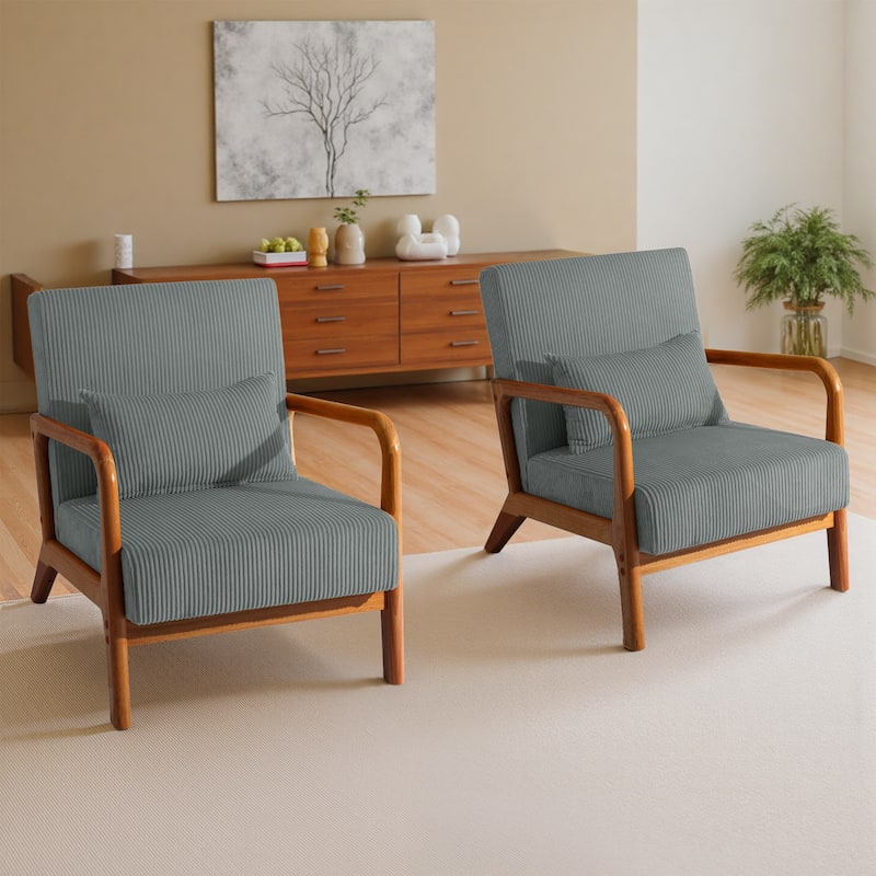 Modern Corduroy Upholstered Accent Chair with Wood Legs Set of 2 - Brown Frame - Grey/Natural