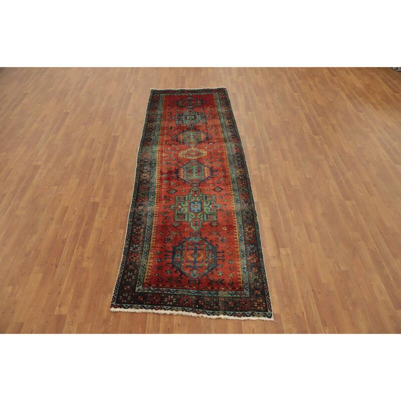 Hand Knotted Oriental 100% Wool Carpet Traditional Geometric Oranges & Rust Heriz Runner Rug - 10' 1'' X 3' 5''
