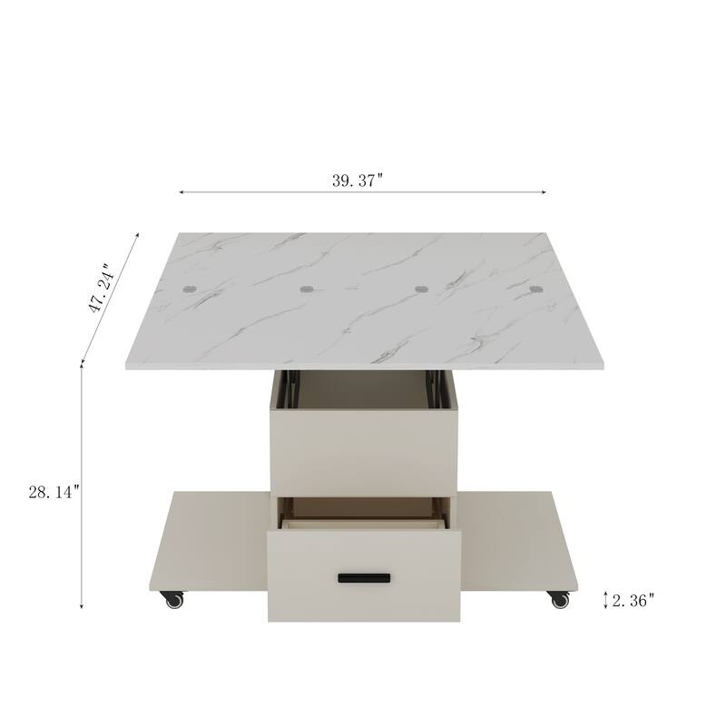 Lift Top Coffee Table Set with 4 Stools, Center Table with Hidden Storage & Drawers, Living Room Table with Lockable Wheels