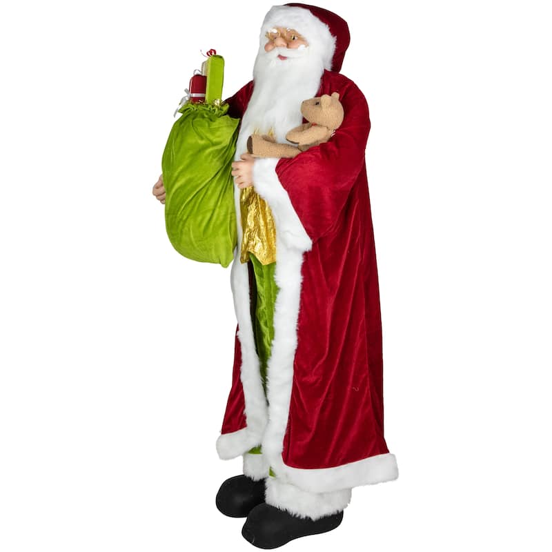 Plush Santa Claus with Teddy Bear and Gift Bag Christmas Figure - 6' - Red and Green