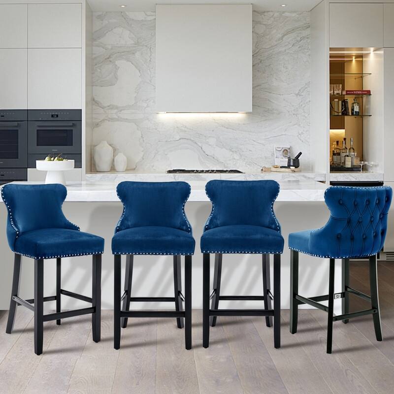 Button Tufted Velvet Wing-Back Barstools Set of 4