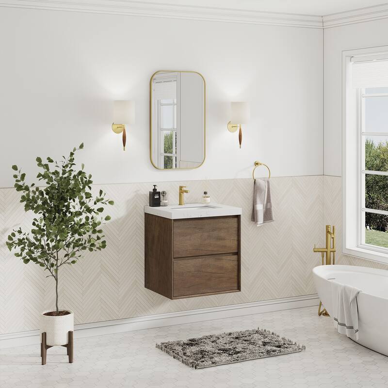 Sylphar 24 inch Bathroom Vanity with Sink, Floating Oak Cabinet with Stone Top