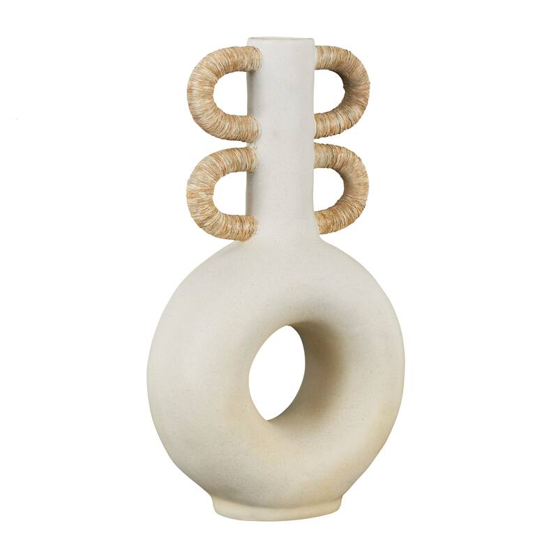 Cream Resin Round Speckled Vase with Woven Inspired Arched Handles and Cutout Opening