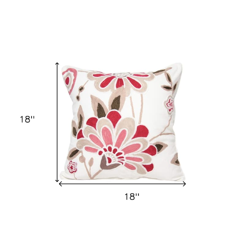 HomeRoots 18"x18" Rose and White 100% Cotton Floral Zippered Pillow