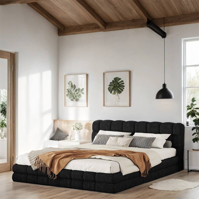 Queen Size Upholstered Platform Bed with Wood Frame and Headboard