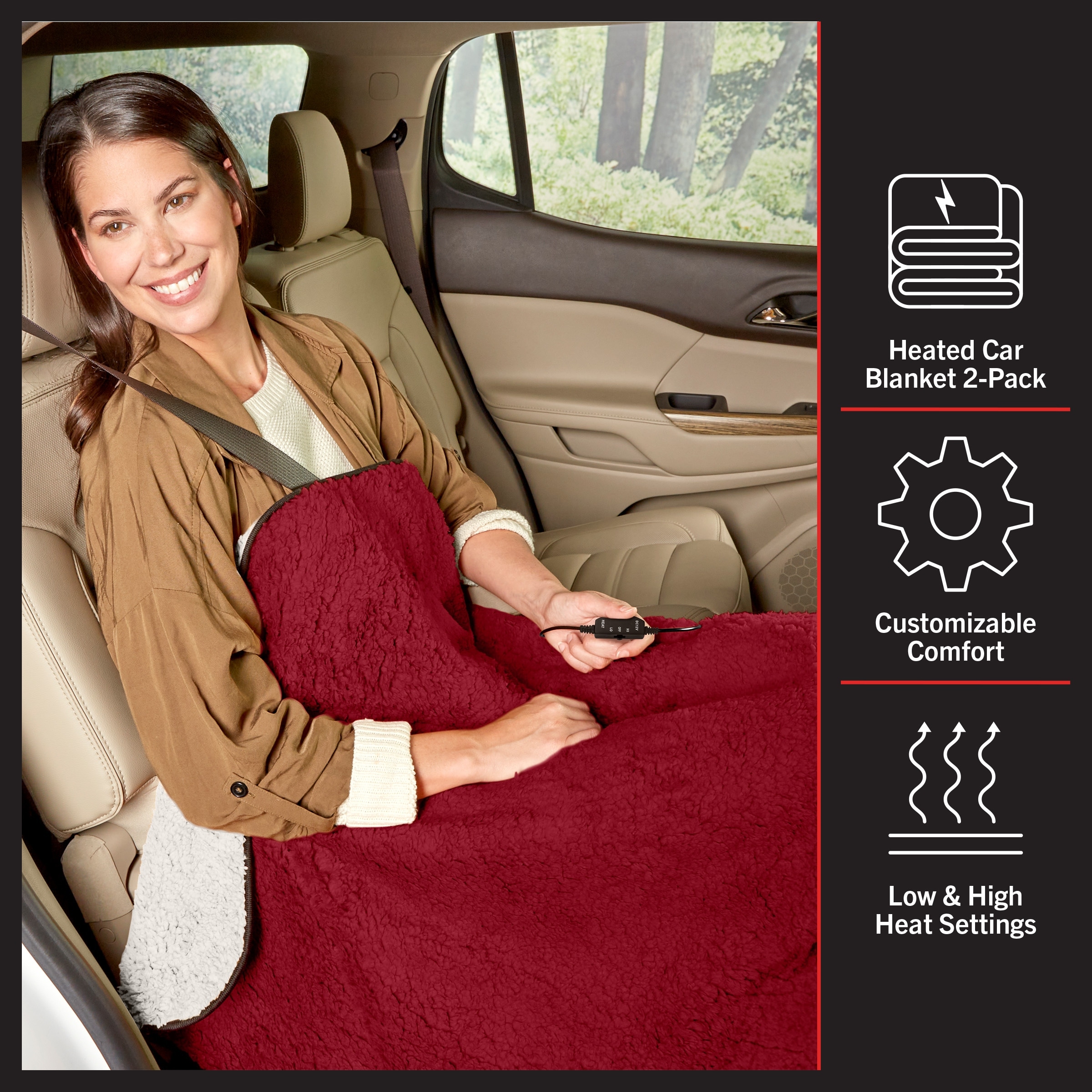 Heated Blanket 2 Pack Portable 12V Electric Travel Blanket Set for Car Truck RV Tailgating Essentials by Stalwart Red