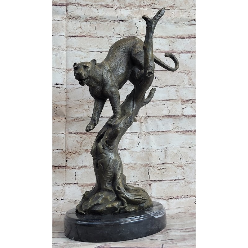 Puma Cougar Mountain Lion On Tree Branch Bronze Statue Sculpture Figurine Decor